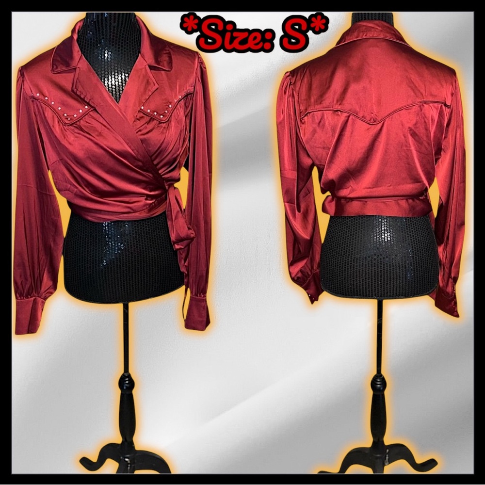 NWT: Unique Vintage - Burgundy Satin Wraptie Western Crop Top (SIZE: SMALL)